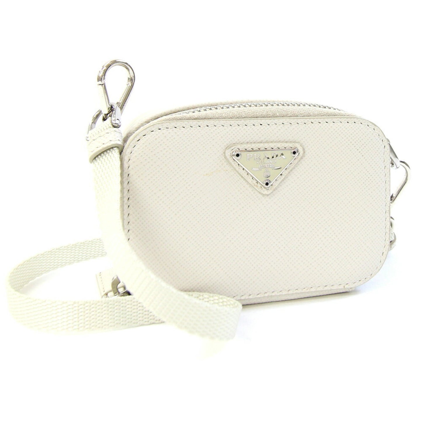 Triangle Double Zip Pouch Bag with Chain Saffiano Leather Mini