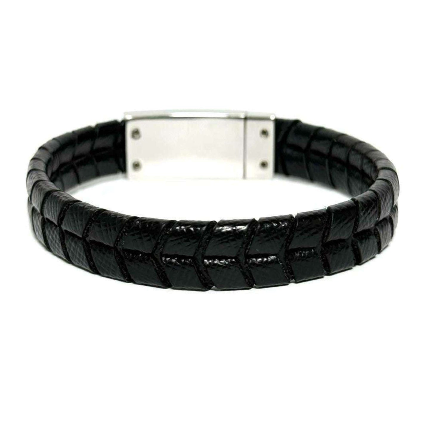 Plate Bracelet Leather and Metal Black