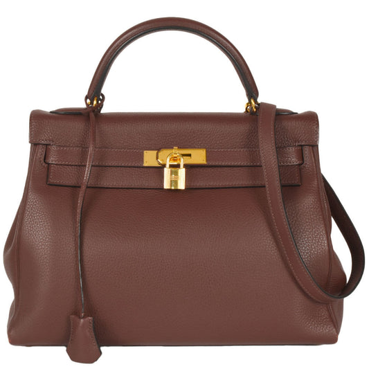 Kelly Handbag Brown Clemence with Gold Hardware 32