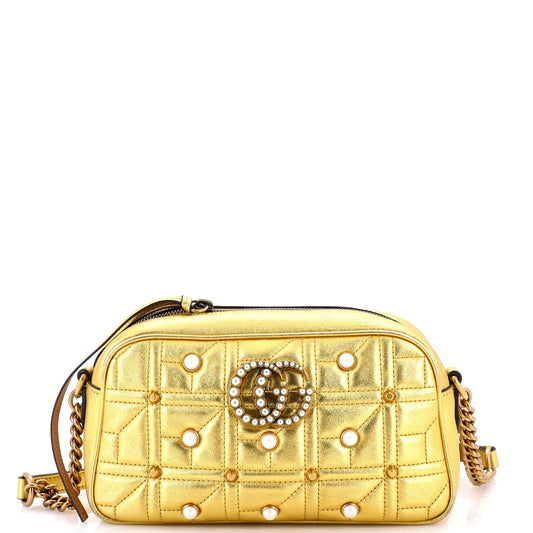 Pearly GG Marmont Shoulder Bag Embellished Matelasse Leather Small