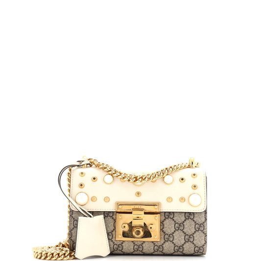 Pearly Padlock Shoulder Bag GG Coated Canvas with Studded Leather Small