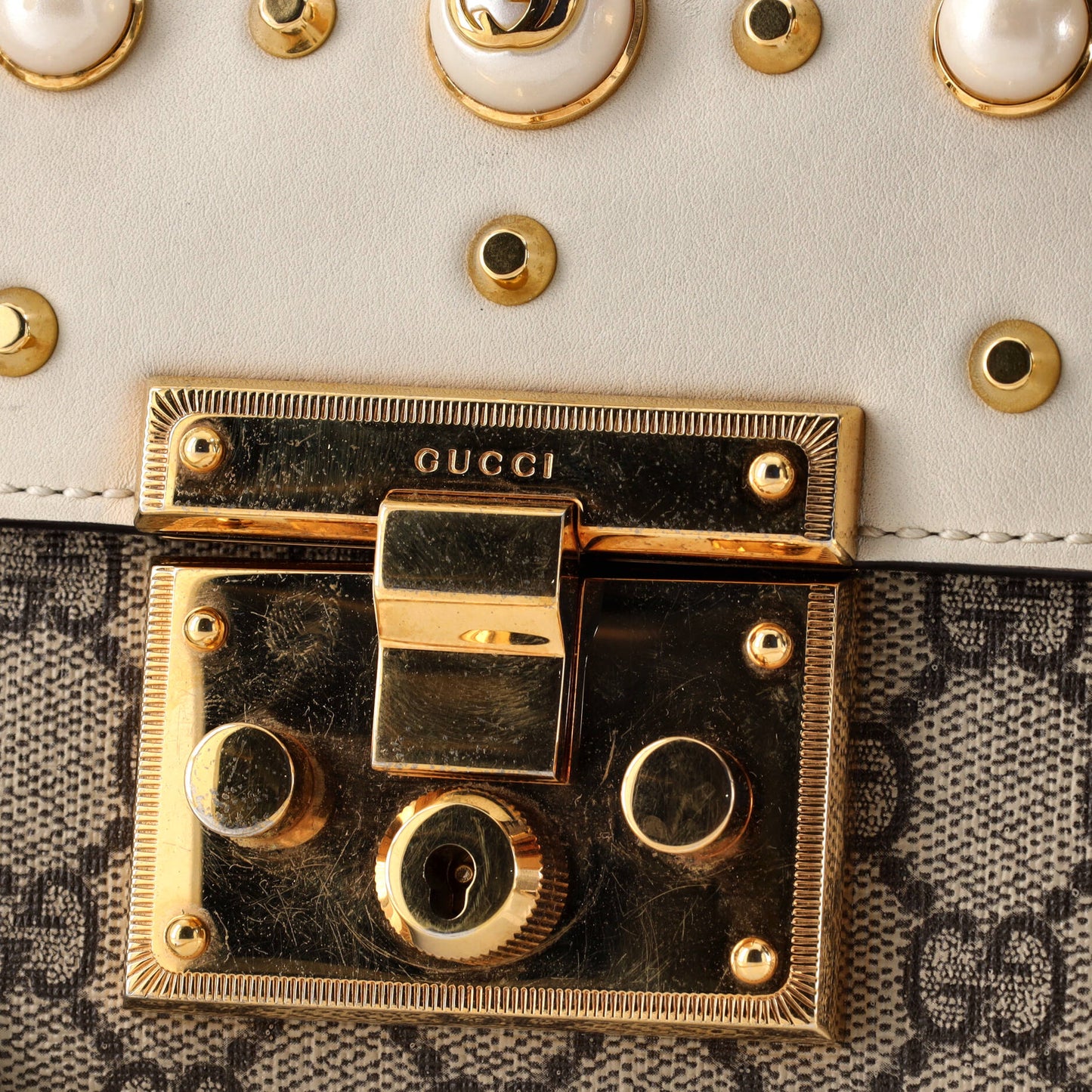 Pearly Padlock Shoulder Bag GG Coated Canvas with Studded Leather Small