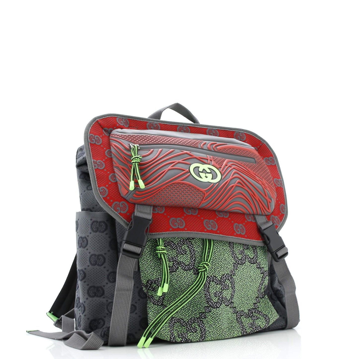 Panelled Double Buckle Backpack GG Jacquard Nylon and Rubber Large