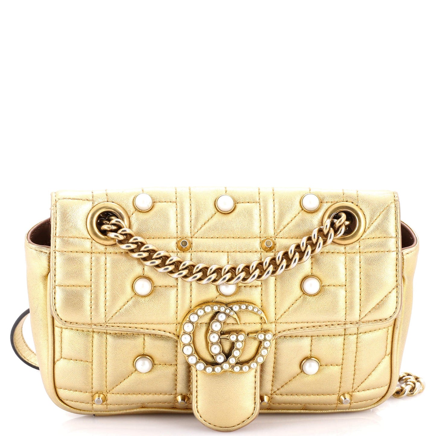 Pearly GG Marmont Flap Bag Embellished Matelasse Leather Mini