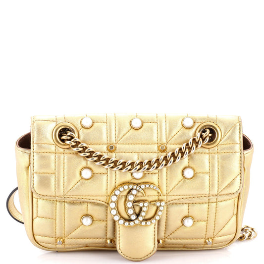 Pearly GG Marmont Flap Bag Embellished Matelasse Leather Mini
