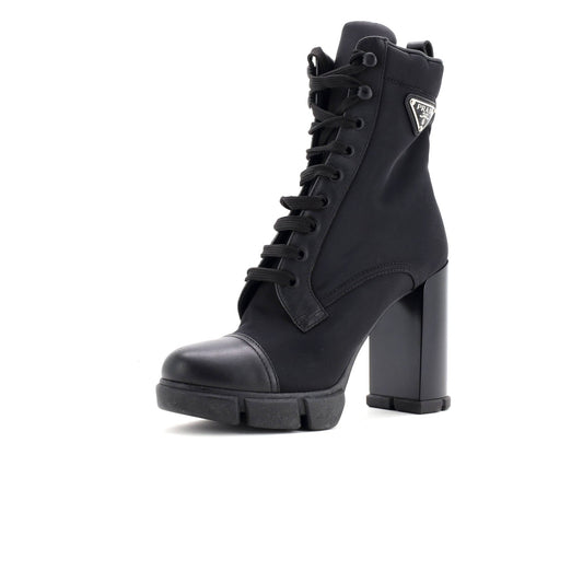 Women's Triangle Logo Heeled Ankle Boots Nylon and Leather
