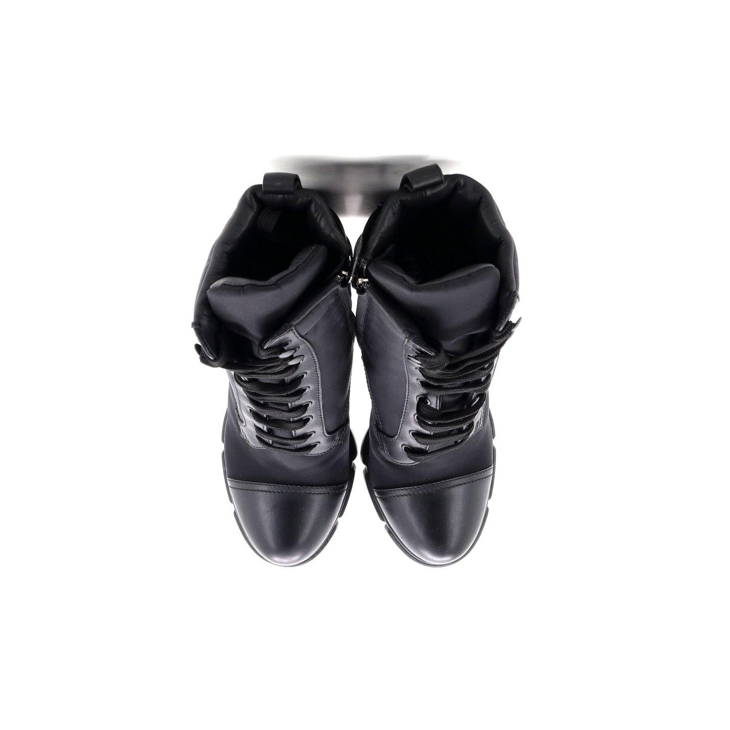 Women's Triangle Logo Heeled Ankle Boots Nylon and Leather