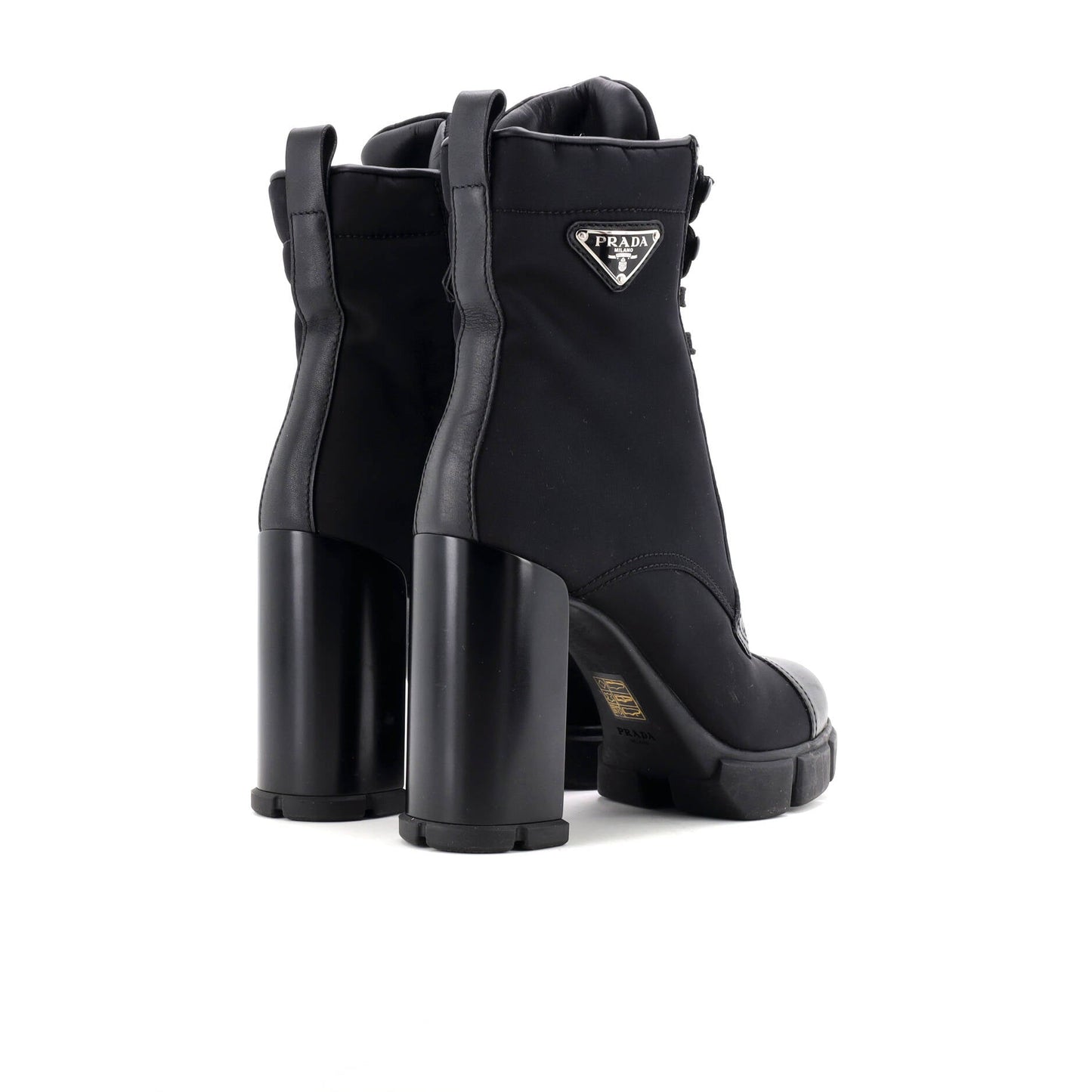 Women's Triangle Logo Heeled Ankle Boots Nylon and Leather