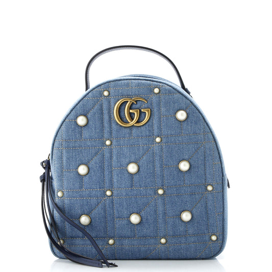 Pearly GG Marmont Backpack Embellished Matelasse Denim Small