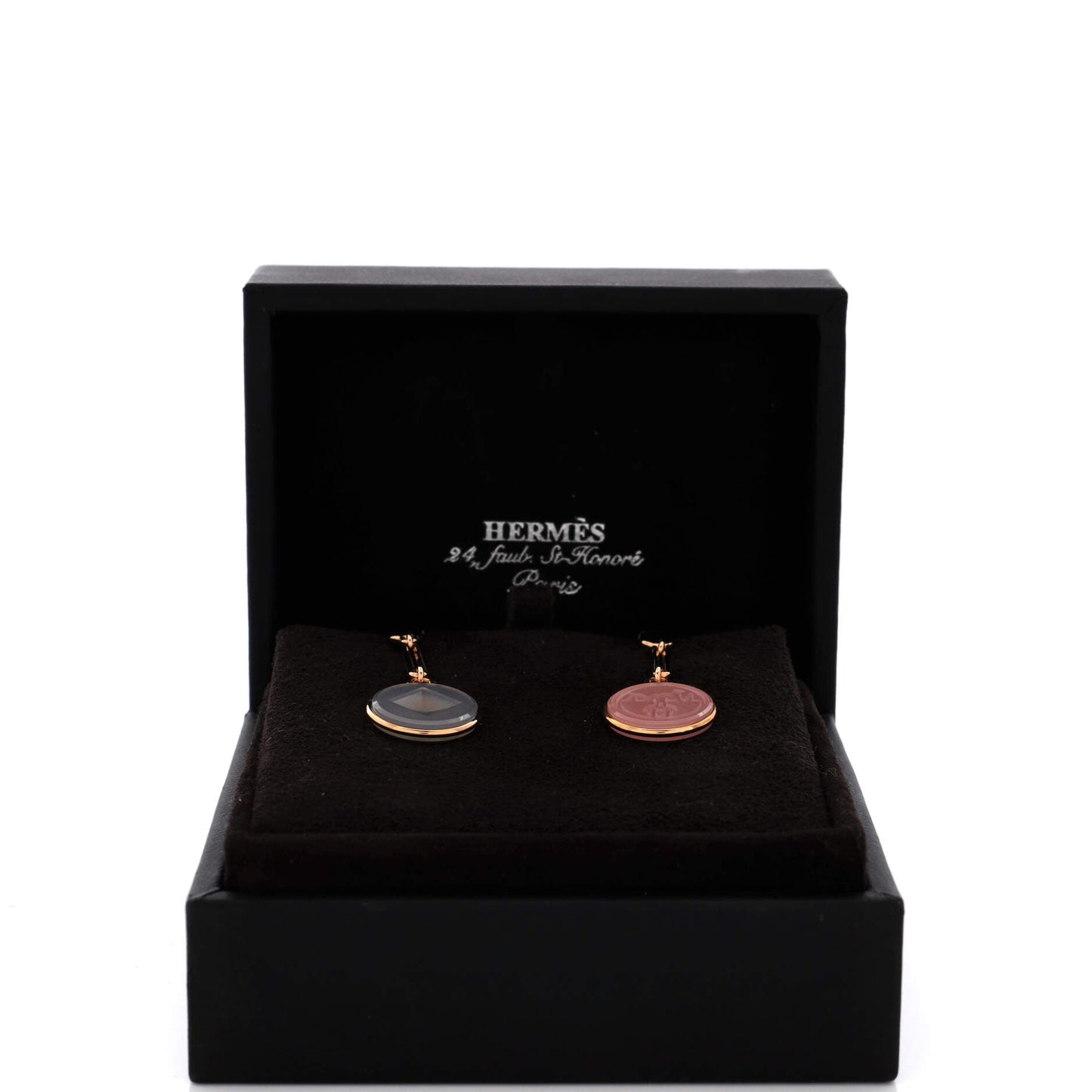 Ex-Libris Drop Earrings 18K Rose Gold with Pink Chalcedony and Grey Agate