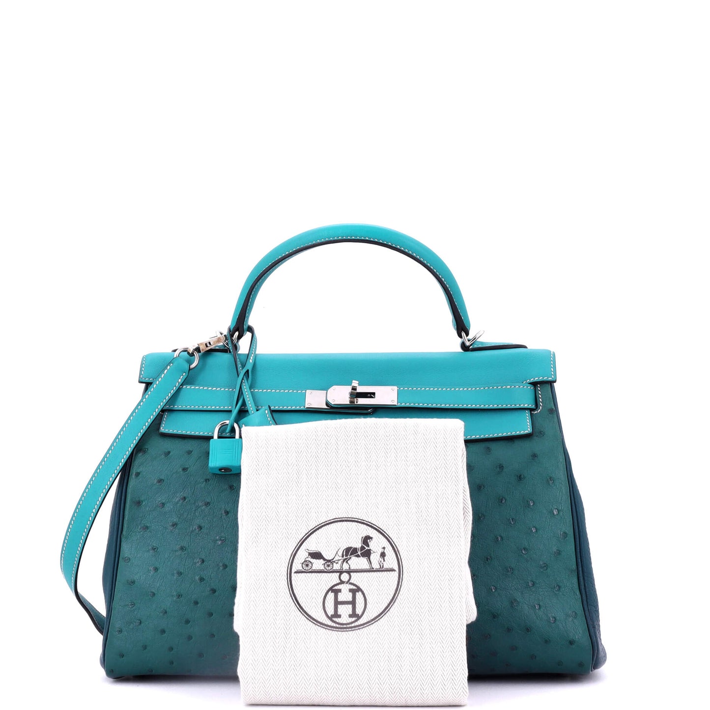 Kelly Handbag Tricolor Ostrich with Swift and Clemence and Palladium Hardware 32