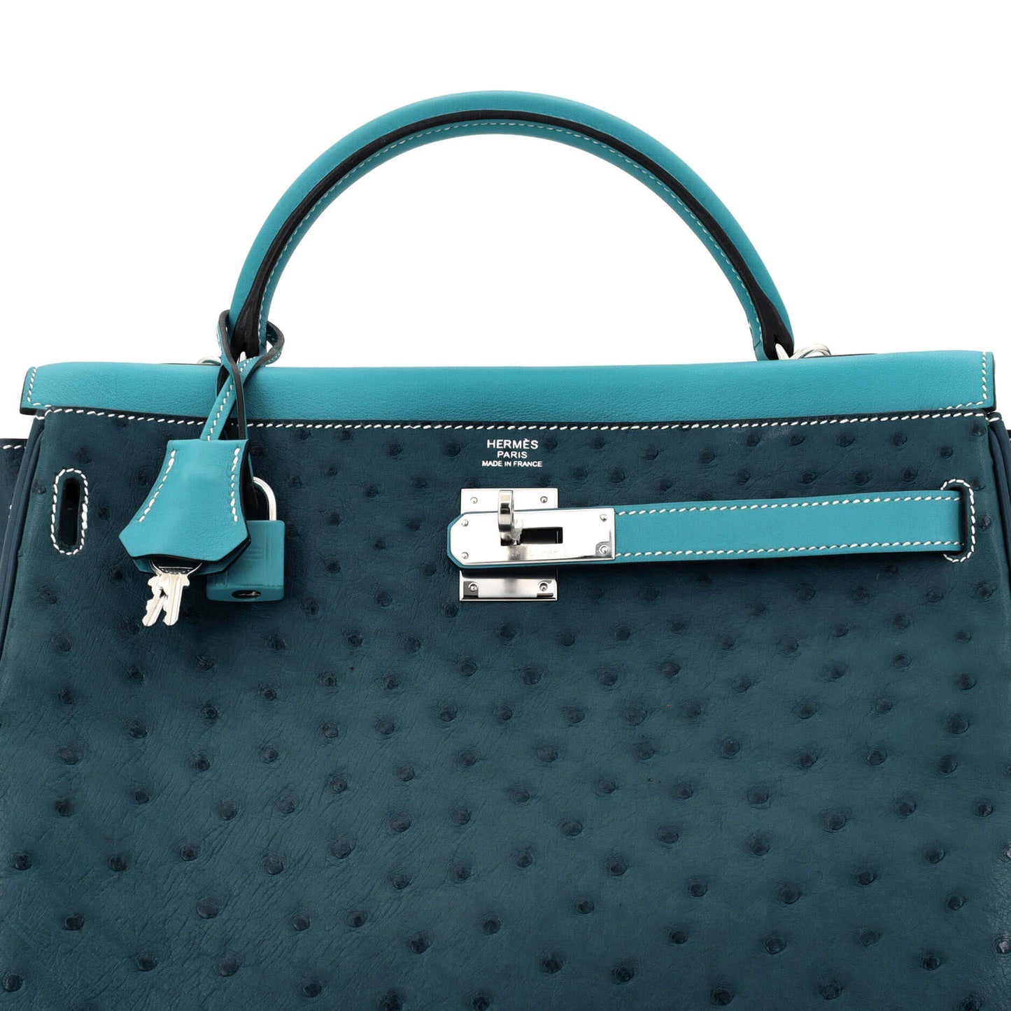 Kelly Handbag Tricolor Ostrich with Swift and Clemence and Palladium Hardware 32