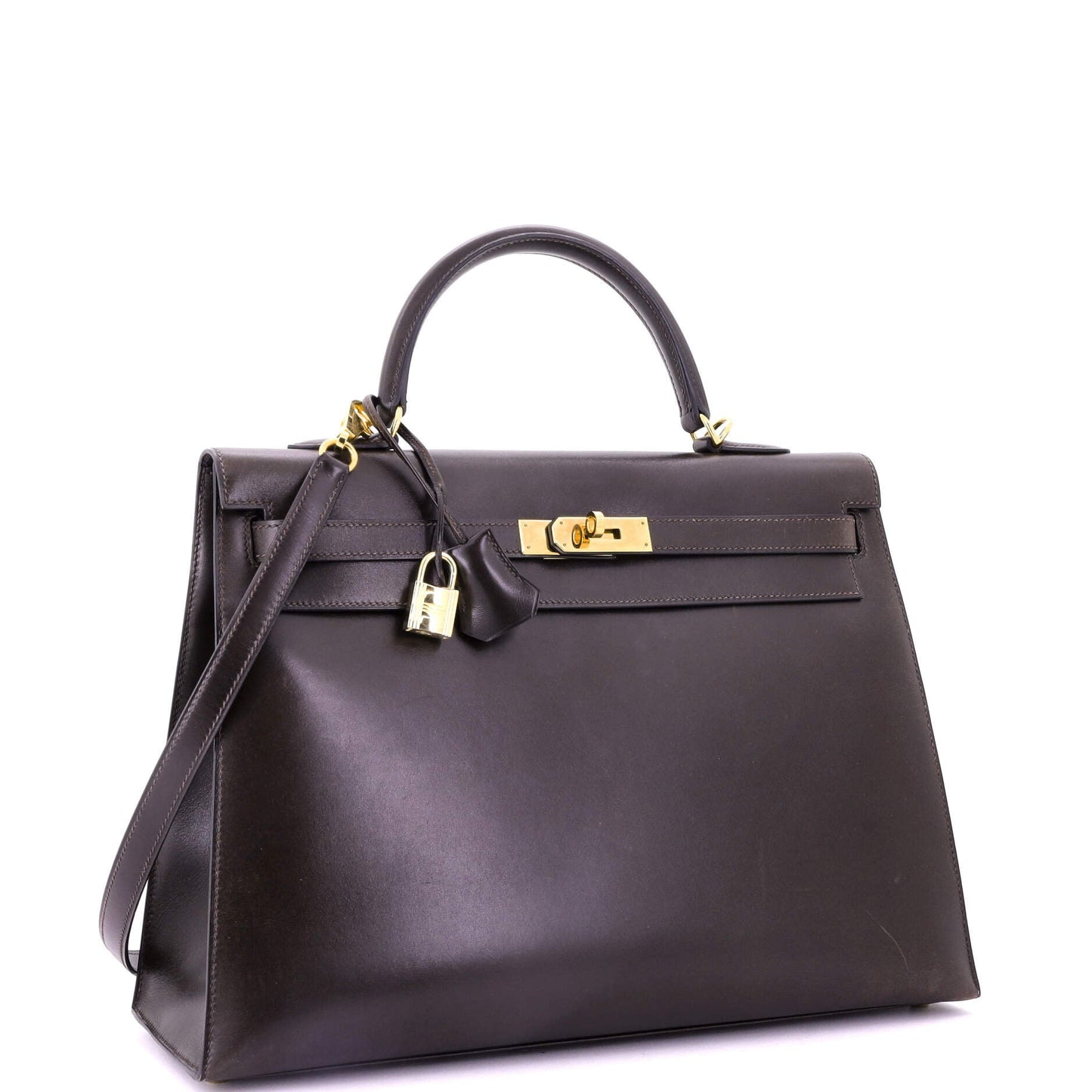 Kelly Handbag Ebene Box Calf with Gold Hardware 35