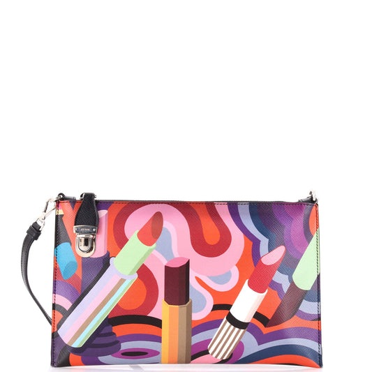 Push Lock Zip Pochette Printed Saffiano