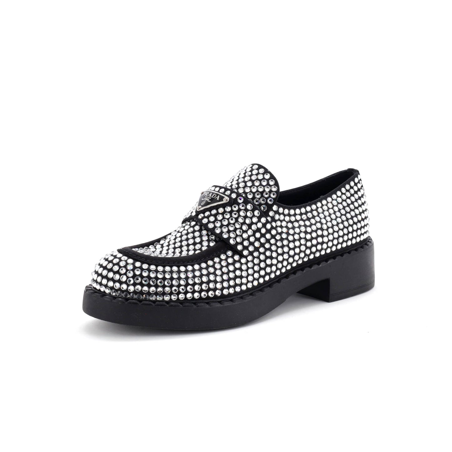 Women's Triangle Logo Loafers Crystal Embellished Satin