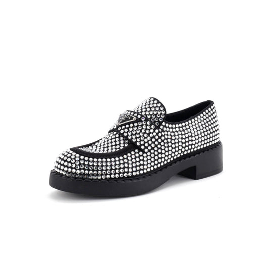Women's Triangle Logo Loafers Crystal Embellished Satin