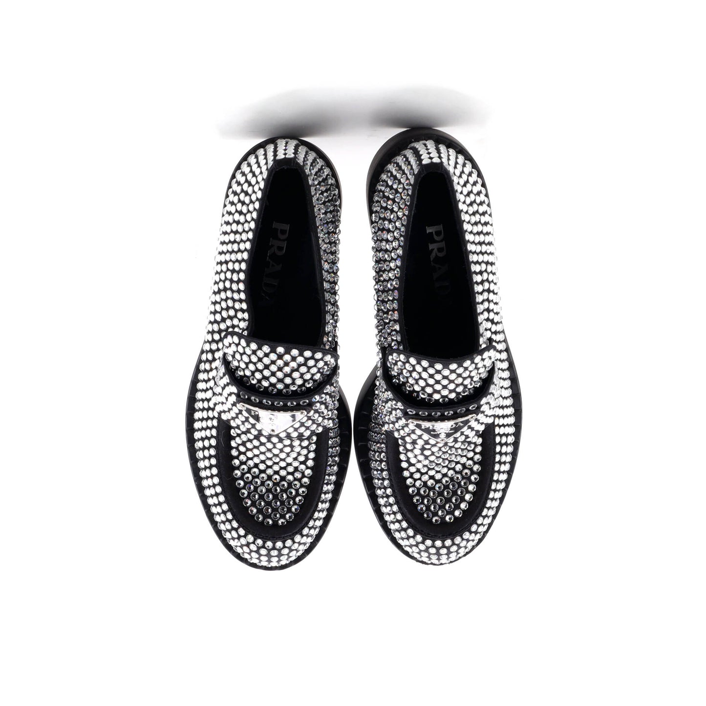 Women's Triangle Logo Loafers Crystal Embellished Satin