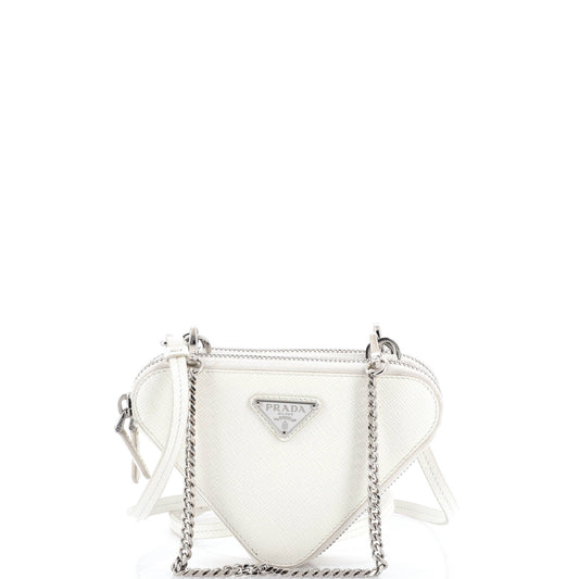Triangle Double Zip Pouch Bag with Chain Saffiano Leather Mini