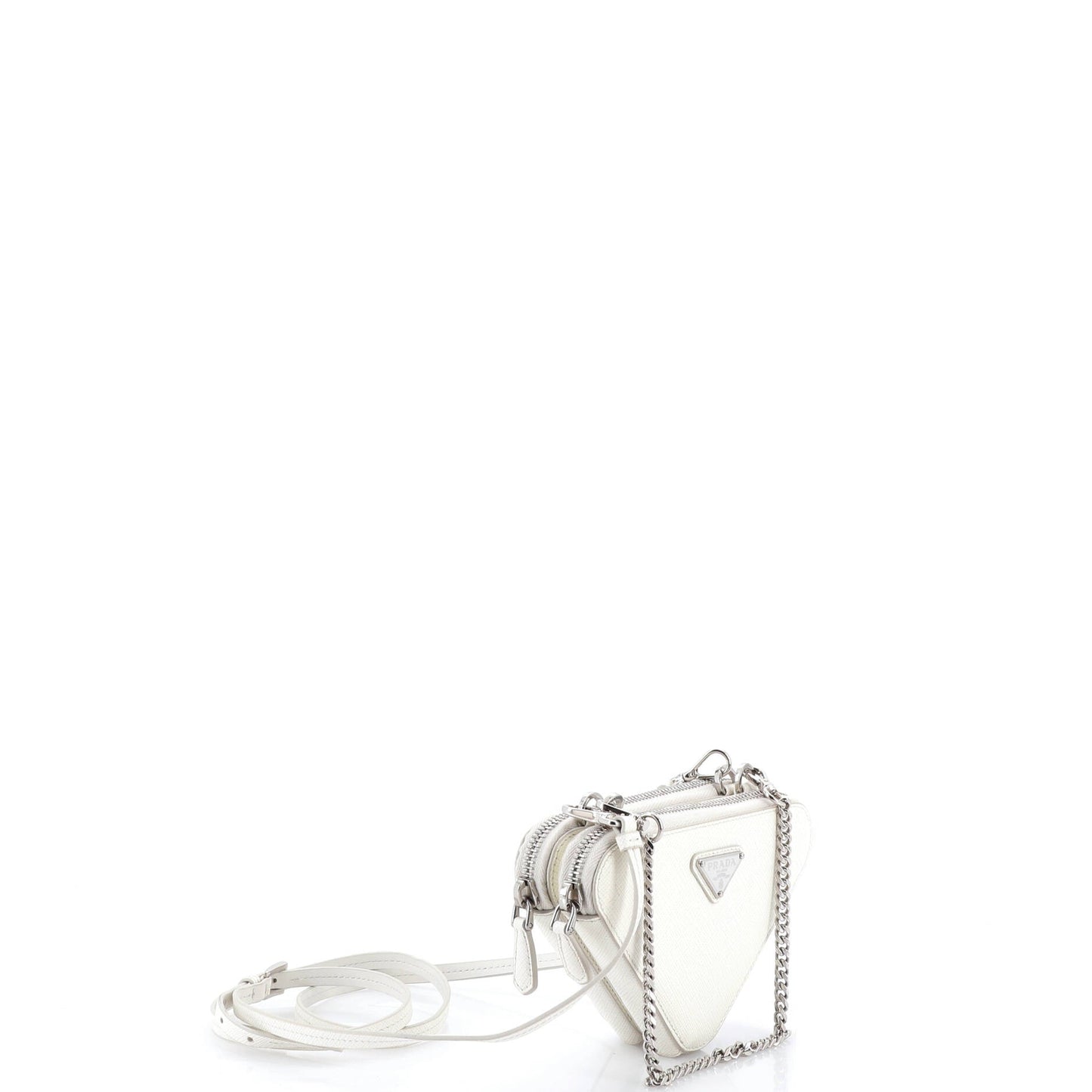 Triangle Double Zip Pouch Bag with Chain Saffiano Leather Mini