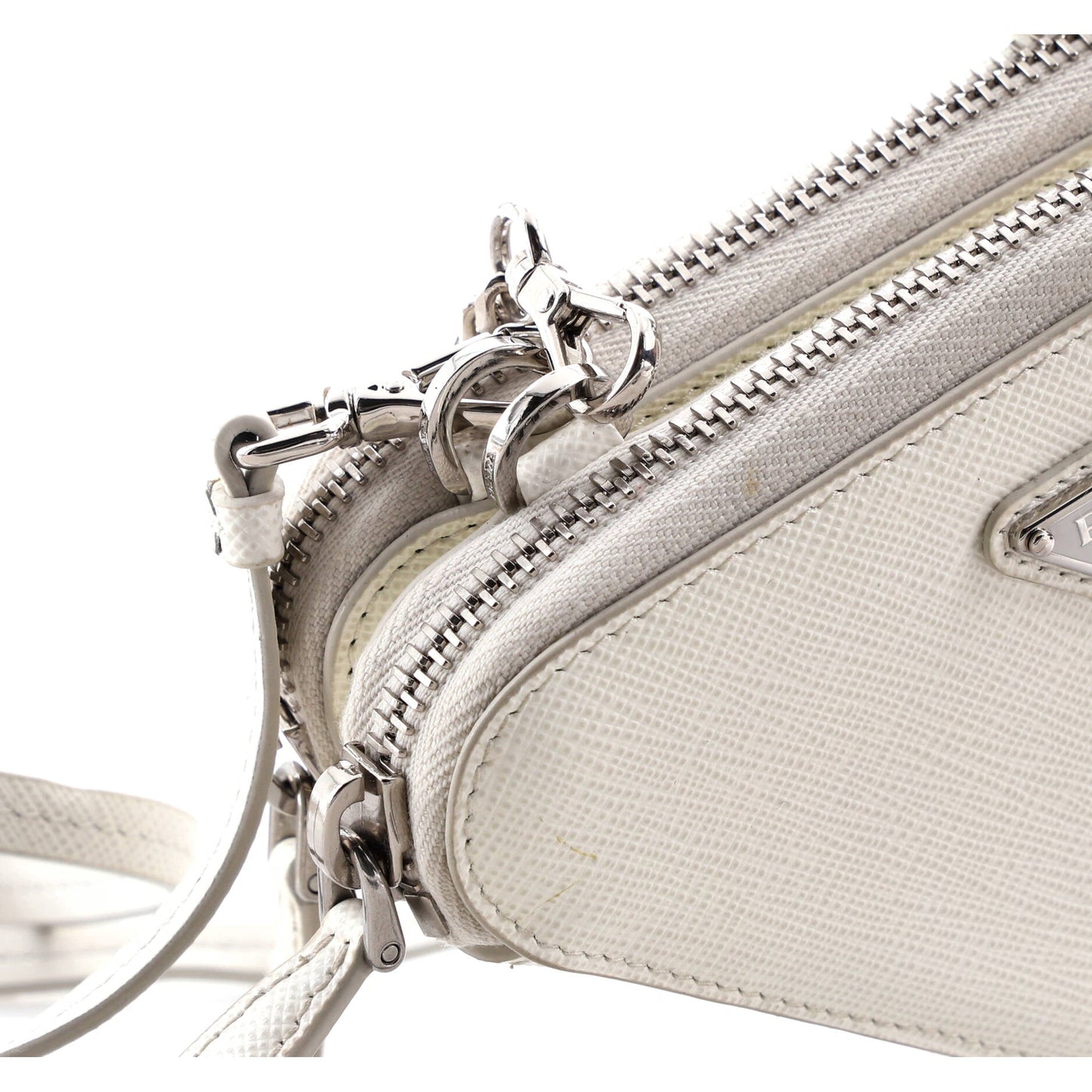 Triangle Double Zip Pouch Bag with Chain Saffiano Leather Mini