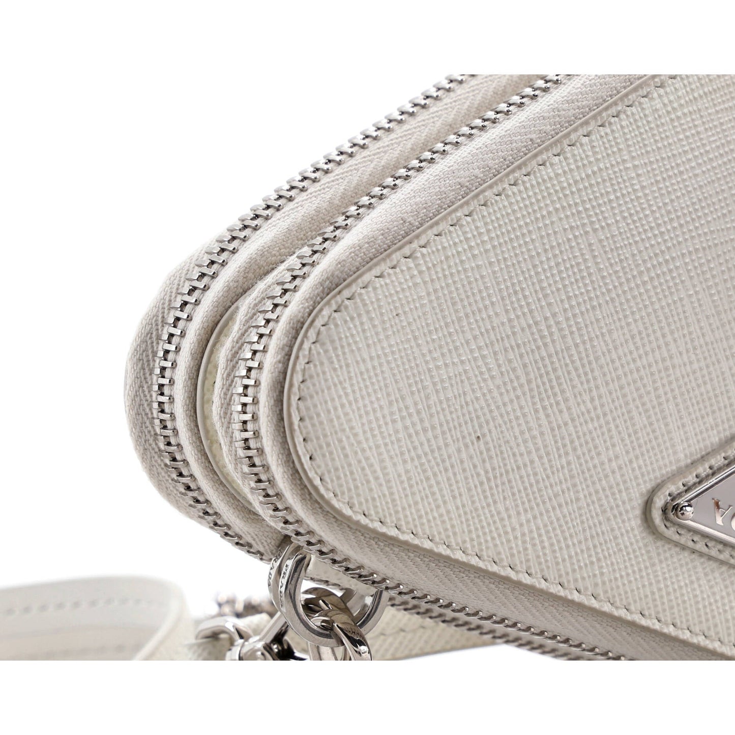 Triangle Double Zip Pouch Bag with Chain Saffiano Leather Mini