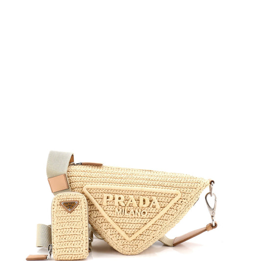 Triangle Logo Zip Crossbody Bag Crochet Raffia Small