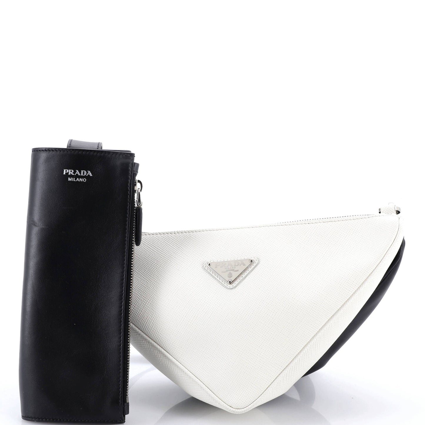 Double Triangle Logo Zip Shoulder Bag Saffiano Leather and Leather