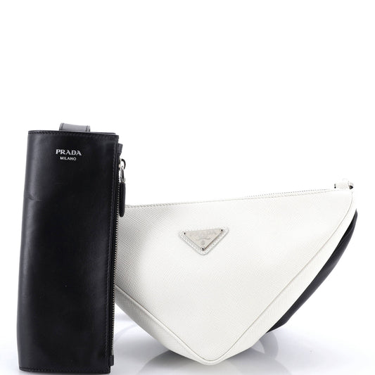 Double Triangle Logo Zip Shoulder Bag Saffiano Leather and Leather