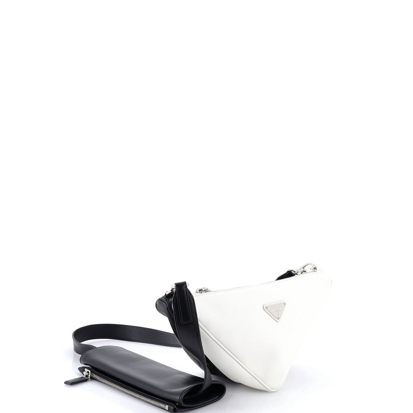 Double Triangle Logo Zip Shoulder Bag Saffiano Leather and Leather