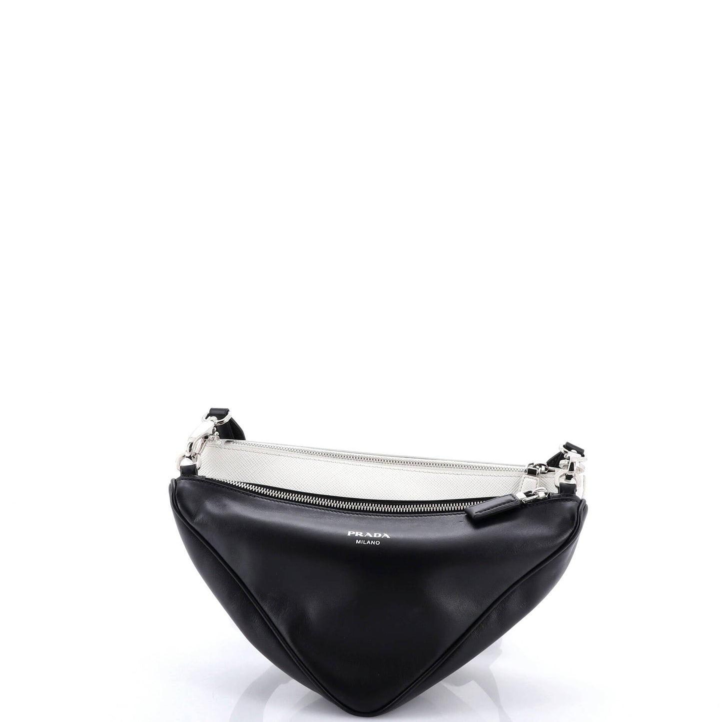 Double Triangle Logo Zip Shoulder Bag Saffiano Leather and Leather