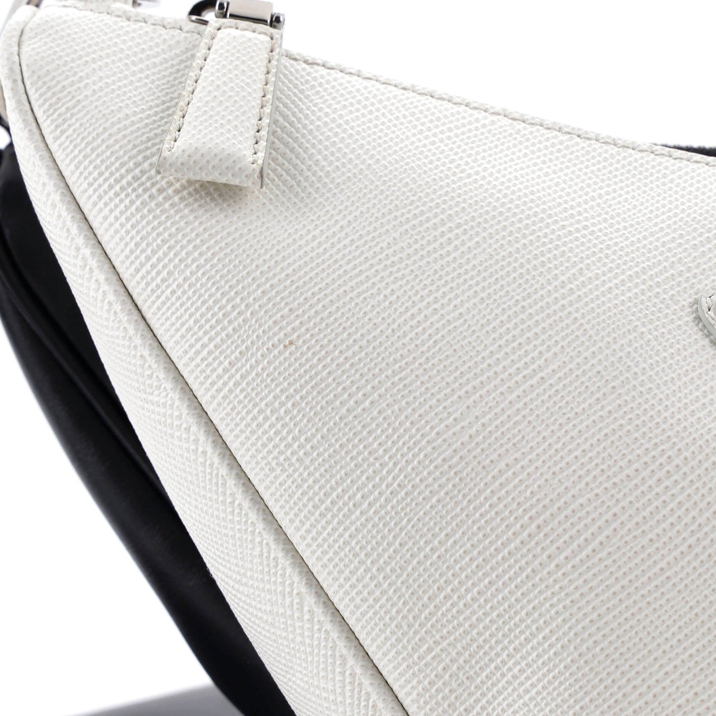 Double Triangle Logo Zip Shoulder Bag Saffiano Leather and Leather