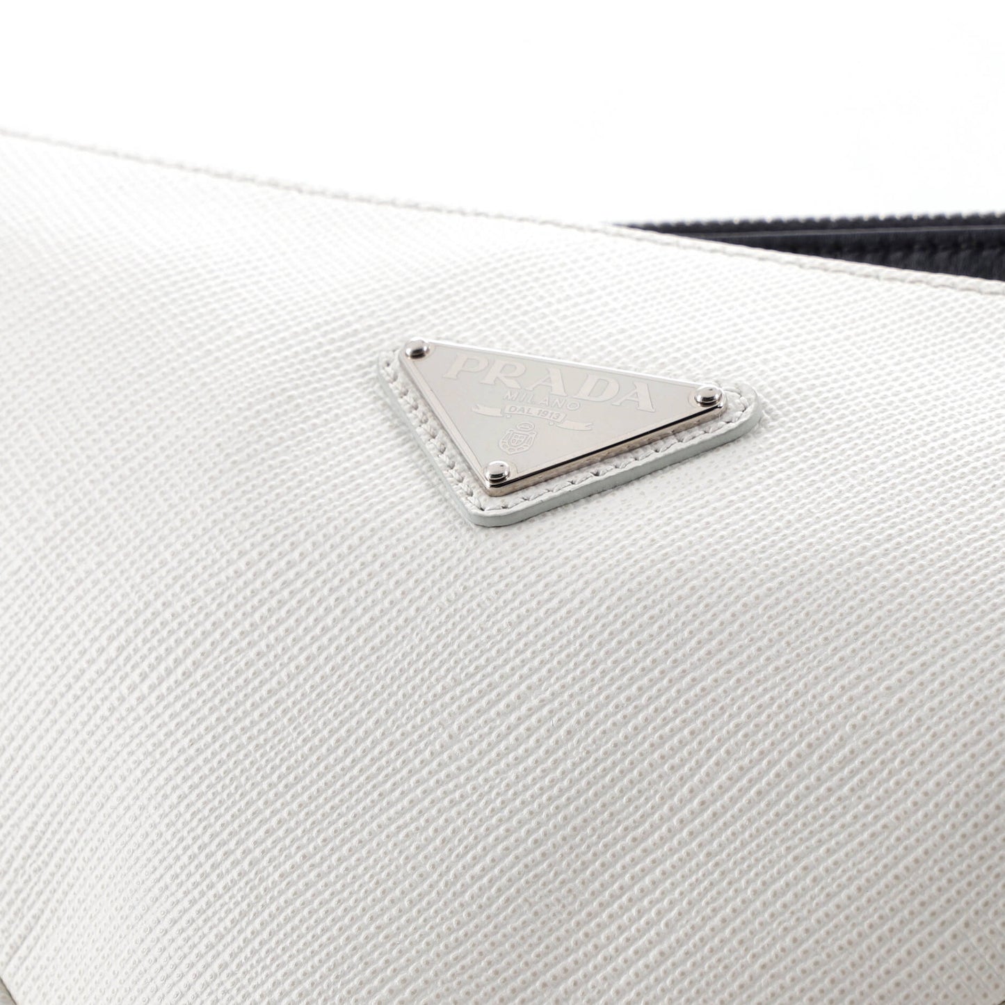 Double Triangle Logo Zip Shoulder Bag Saffiano Leather and Leather