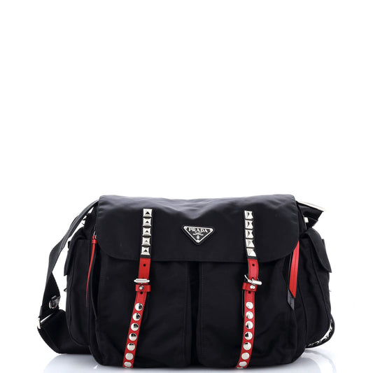 New Vela Flap Messenger Bag Tessuto with Studded Leather Medium