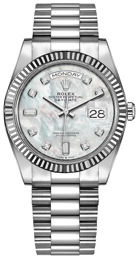 Rolex Day-Date 36 White Mother of Pearl Platinum Unisex Watch 128236-0002