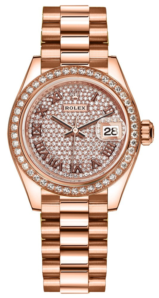 Rolex Lady-Datejust 28 Pave Everose Gold President Women's Watch 279135RBR