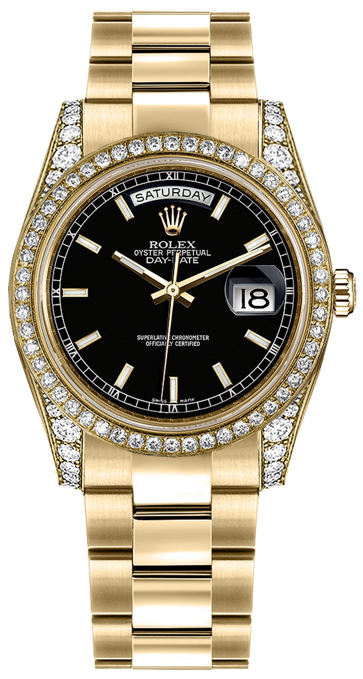 Rolex Day-Date 36 Black Dial Gold Oyster Bracelet Watch 118388-0190